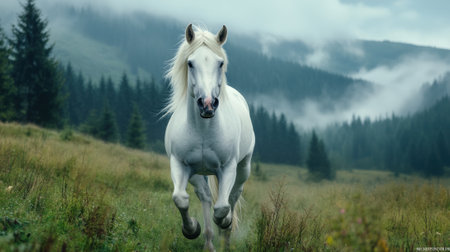 White Horse Galloping Through Misty Mountain Meadow, AIの素材
