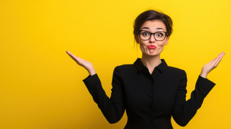 Woman Making a Silly Face Against Yellow Background, AIの素材