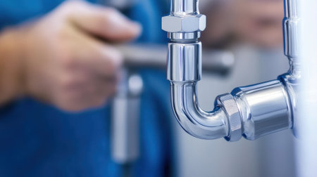 Plumber Fixing a Chrome Pipe in a Bathroom, AIの素材