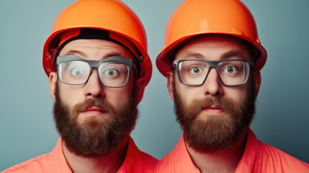 Two Bearded Men in Orange Helmets and Glasses Against a Blue Background, AIの素材