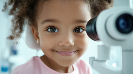 Smiling Child at Eye Examination with Ophthalmology Equipment, AIの素材