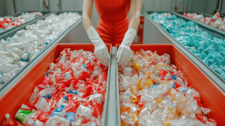 Worker Sorting Plastic Bottles in Recycling Facility, AIの素材
