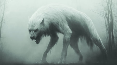 Giant White Werewolf in a Misty Forest, AIの素材