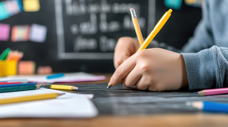 Student Writing with Pencils in Classroom Setting, AIの素材