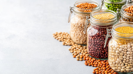 Assorted Legumes in Glass Jars on a Light Background, AIの素材