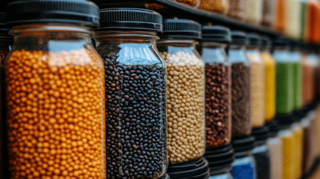 Jars of Colorful Legumes and Grains on Display, AIの素材