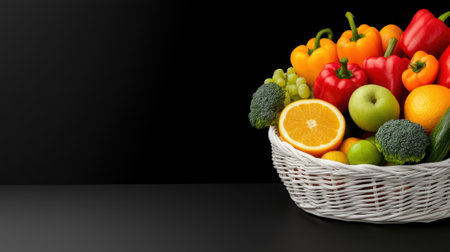 Colorful Basket of Fresh Fruits and Vegetables Against Black Background, AIの素材