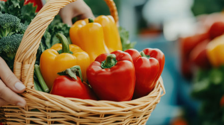 Basket of Fresh Bell Peppers and Vegetables at a Market, AIの素材