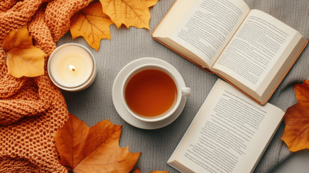 Cozy Autumn Reading Scene with Tea and Candle, AIの素材