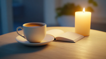 Cozy Evening with Tea, Candlelight, and Open Book, AIの素材