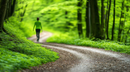 Woman Walking on a Serene Forest Path, AIの素材