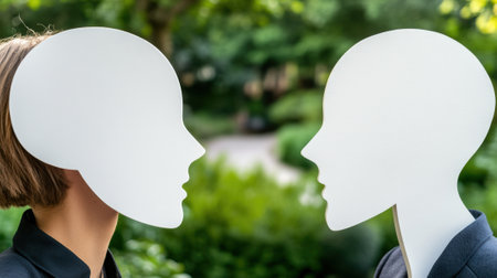 Faceless Figures Engaging in Silent Dialogue in a Park, AIの素材