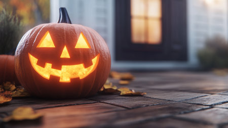 Glowing Jack-o-Lantern on a Rustic Porch, AIの素材