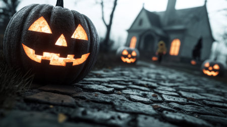Spooky Halloween Night with Glowing Jack-o-Lanterns, AIの素材