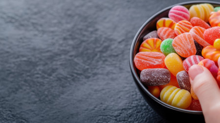 Colorful Assorted Candies in a Bowl on Dark Background, AIの素材
