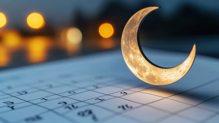 Crescent Moon Over Calendar with Bokeh Lights, AIの素材