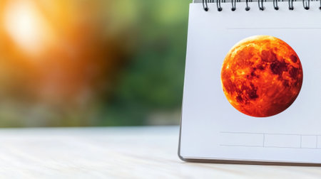 Fiery Planet Image on Notebook with Blurred Nature Background, AIの素材