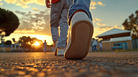 Sunset Stroll: Close-Up of Sneakers on a Warm Evening Walk, AIの素材