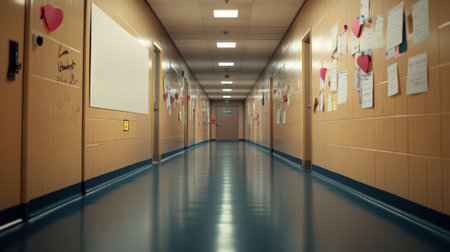 School Hallway with Bulletin Boards and Heart Decorations, AIの素材