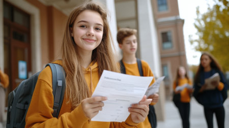 Teen Students Celebrating Exam Success on Campus, AIの素材