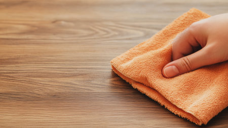 Hand Cleaning Wooden Surface with Orange Cloth in a Home Setting, AIの素材