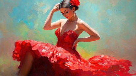 Flamenco Dancer in Vibrant Red Dress, AIの素材