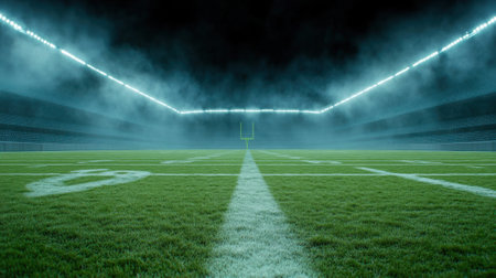 Football Field Under Stadium Lights with Foggy Atmosphere, AIの素材