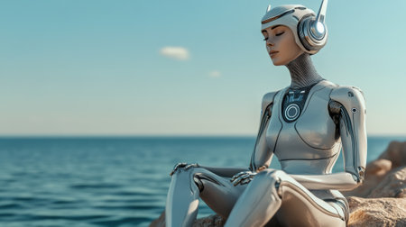 Futuristic Robot Meditating by the Ocean in a Tranquil Setting, AIの素材