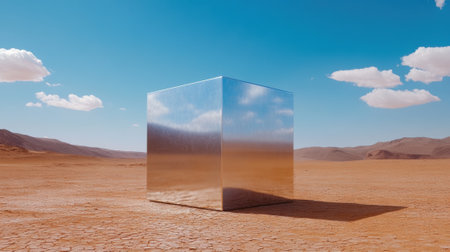 Reflective Cube in Desert Landscape, AIの素材