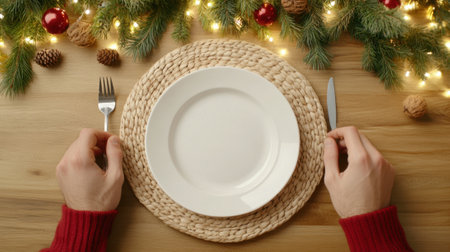 Festive Holiday Table Setting with Empty Plate and Christmas Decorations, AIの素材