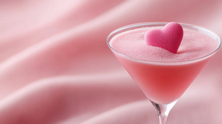 Pink Cocktail with Heart-Shaped Garnish in Elegant Glass on Soft Background, AIの素材