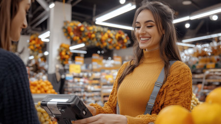 Smiling Woman Shopping in a Festive Supermarket with Autumn Decorations, AIの素材
