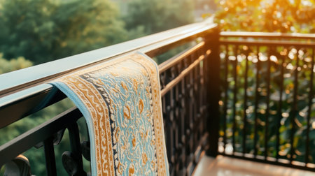 Colorful Patterned Rug Hanging on a Sunlit Balcony Railing Overlooking Lush Greenery, AIの素材