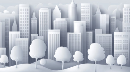 Monochromatic Cityscape with Stylized Trees and Buildings in Minimalist Design, AIの素材