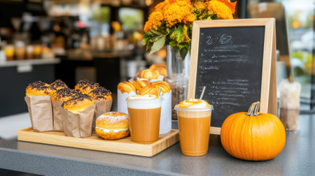 Autumn-Themed Cafe Display with Pumpkin Spice Lattes and Pastries, AIの素材