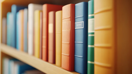 Bookshelf with Colorful Books in a Sunlit Library, AIの素材