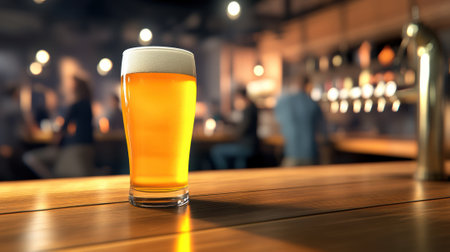 Pint of Beer on Wooden Bar Counter in Cozy Pub Setting with Warm Lighting and Blurred Background, AIの素材