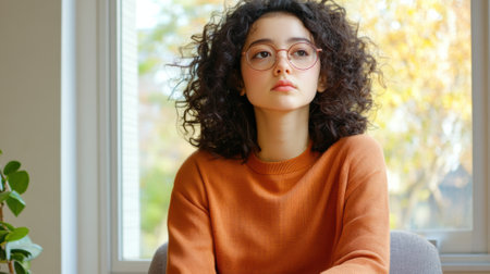 Young Woman with Curly Hair and Glasses in a Cozy Autumn Setting, AIの素材
