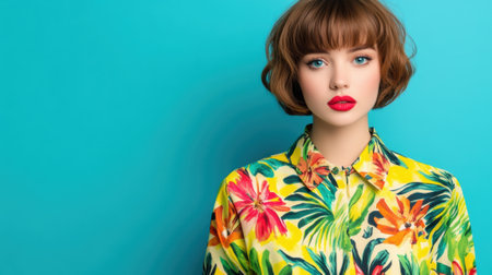 Young Woman in Vibrant Floral Shirt Against a Bright Blue Background, AIの素材