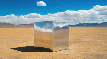 Reflective Cube in Desert Landscape, AIの素材