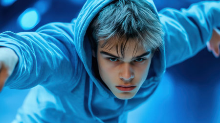 Young Man in Blue Hoodie Striking a Dynamic Pose with Intense Focus, AIの素材