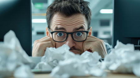 Frustrated Office Worker Surrounded by Crumpled Papers, AIの素材