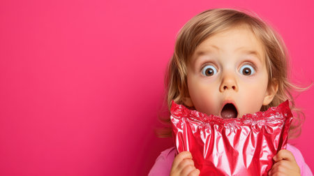Surprised Child Holding Red Bag Against Pink Background, AIの素材