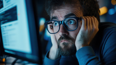 Man Staring Intently at Computer Screen in Dimly Lit Room, AIの素材