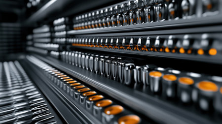 Futuristic Industrial Conveyor System with Orange Accents, AIの素材