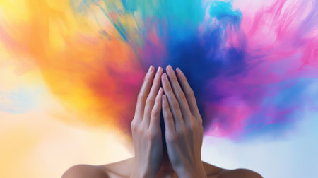 Vibrant Explosion of Colors Behind Concealed Face, AIの素材