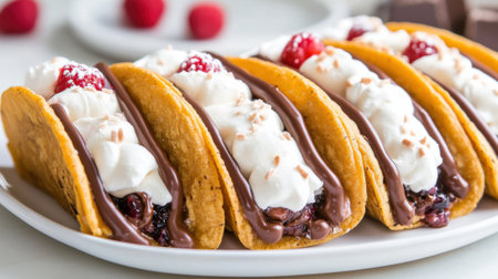 Chocolate Dessert Tacos with Whipped Cream and Raspberries, AIの素材