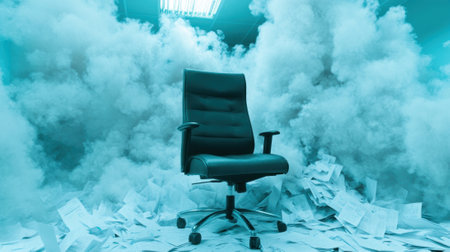 Office Chair Amidst Chaos of Papers and Smoke, AIの素材
