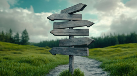 Rustic Wooden Signpost in Lush Green Landscape, AIの素材