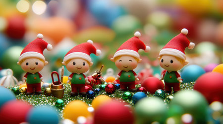 Cheerful Christmas Elves Amidst Festive Decorations, AIの素材